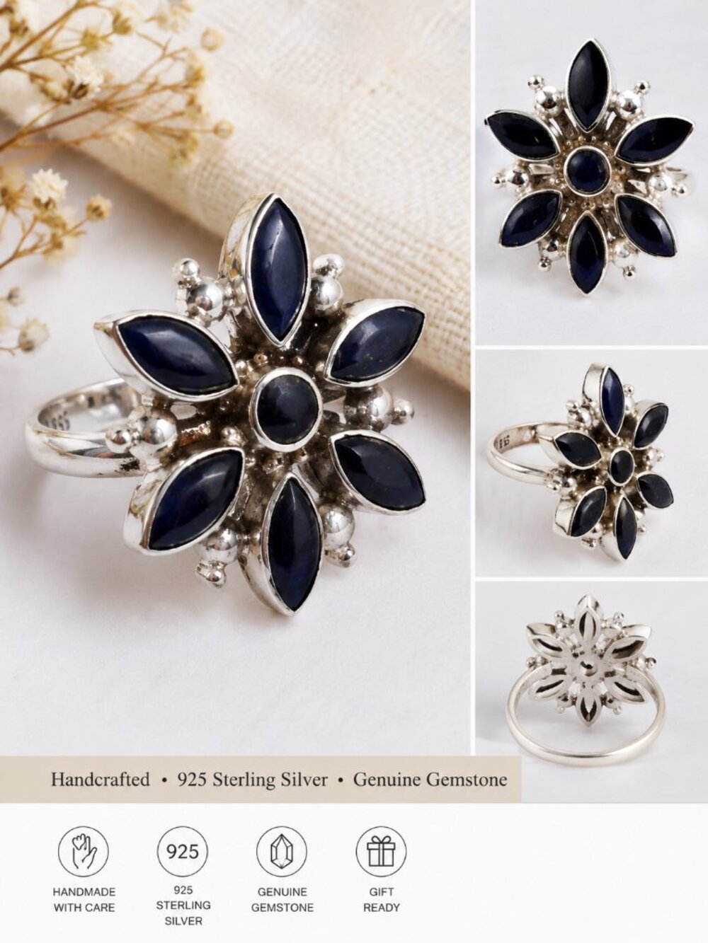 Peruvian 950 Sterling Silver Blue Stone Flower Ring – Handmade – Adjustable